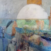 Mémoire de l`enfance aux barques près du fleuve, 2023 mixte 30 x 30 po
