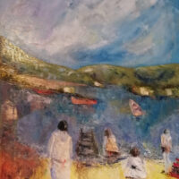 Chaises et chaloupes sur le bord du lac Tibériade, 2021 Mixte 24 x 20 po
