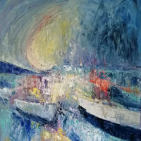 Barques bleues, 2020 - Mixte sur terraskin marouflé sur toile 24 po x 18 po
